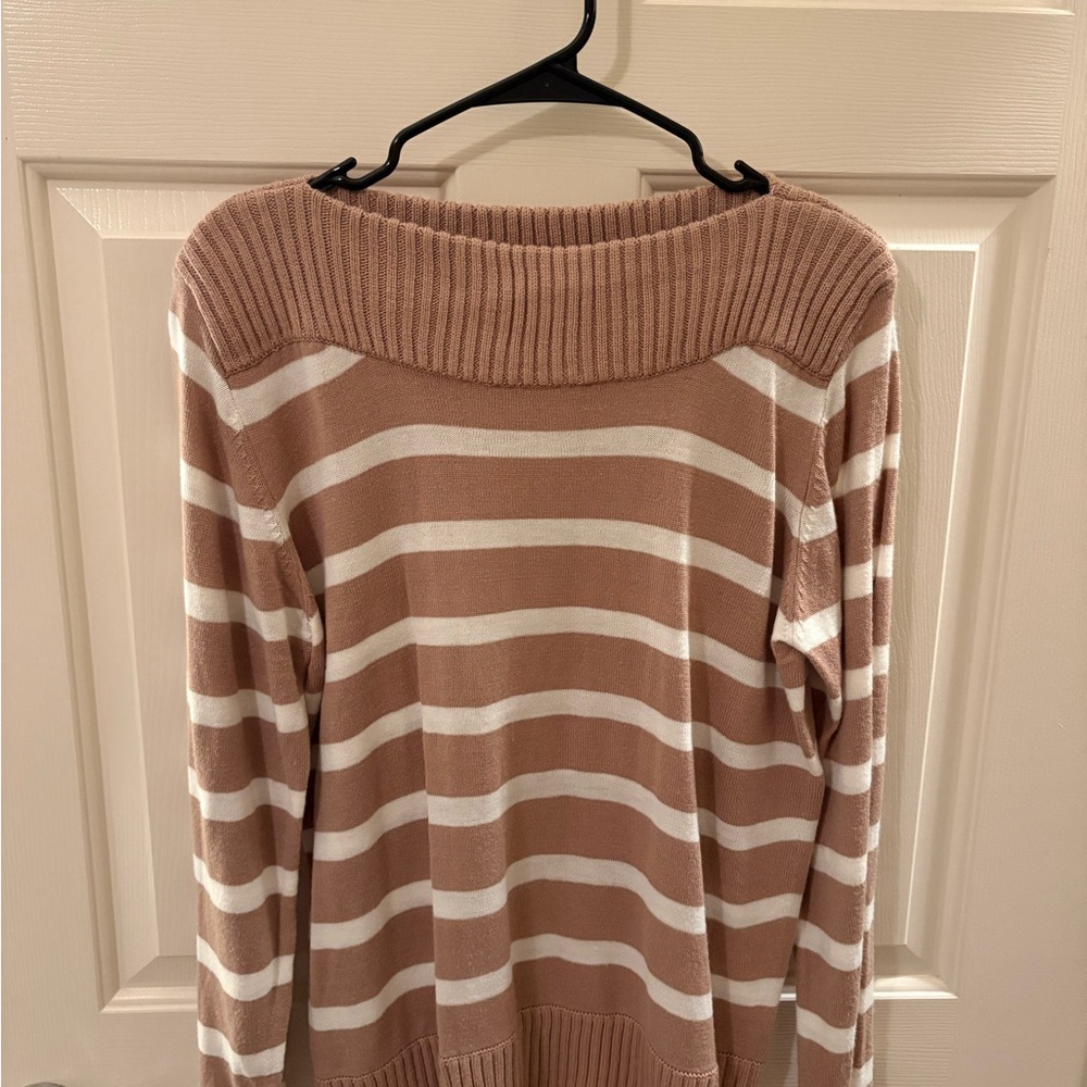 Cozy Striped Cowl Neck Sweater in Tan and White